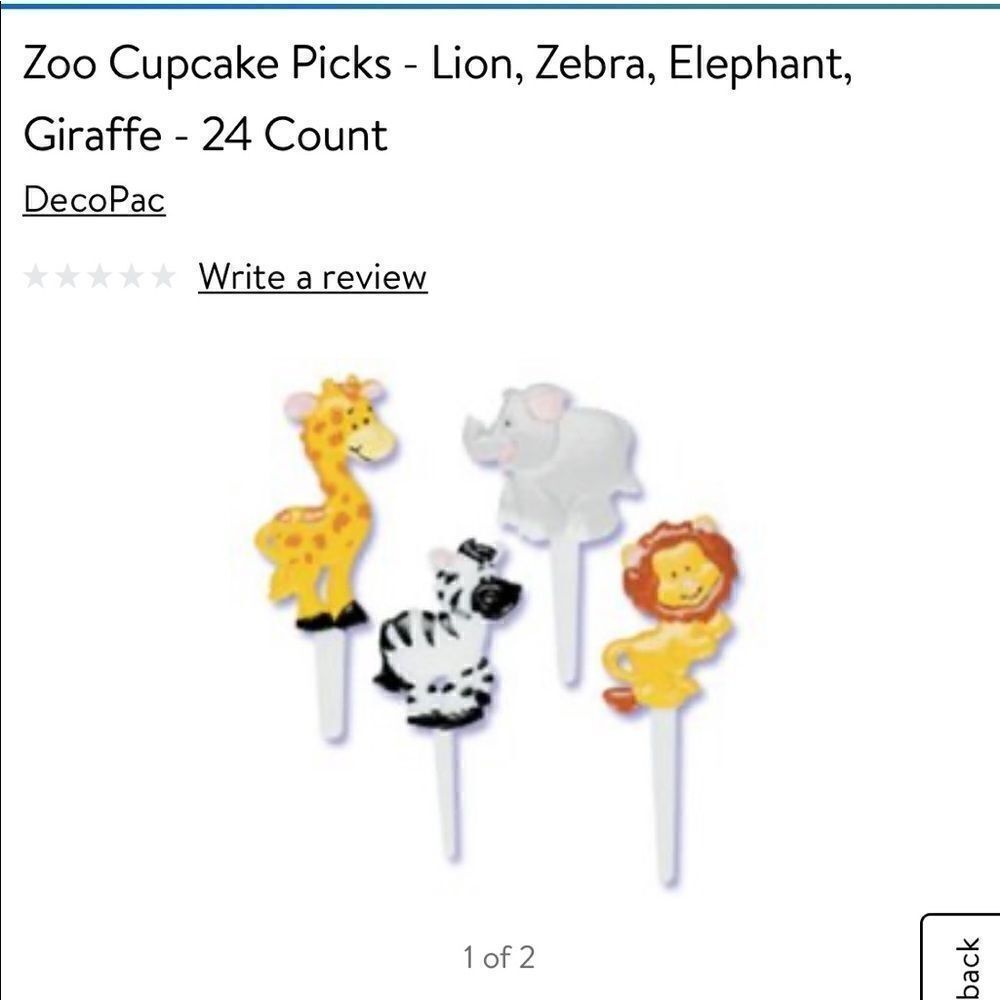 Zebra, elephant, lion and giraffe cupcake toppers